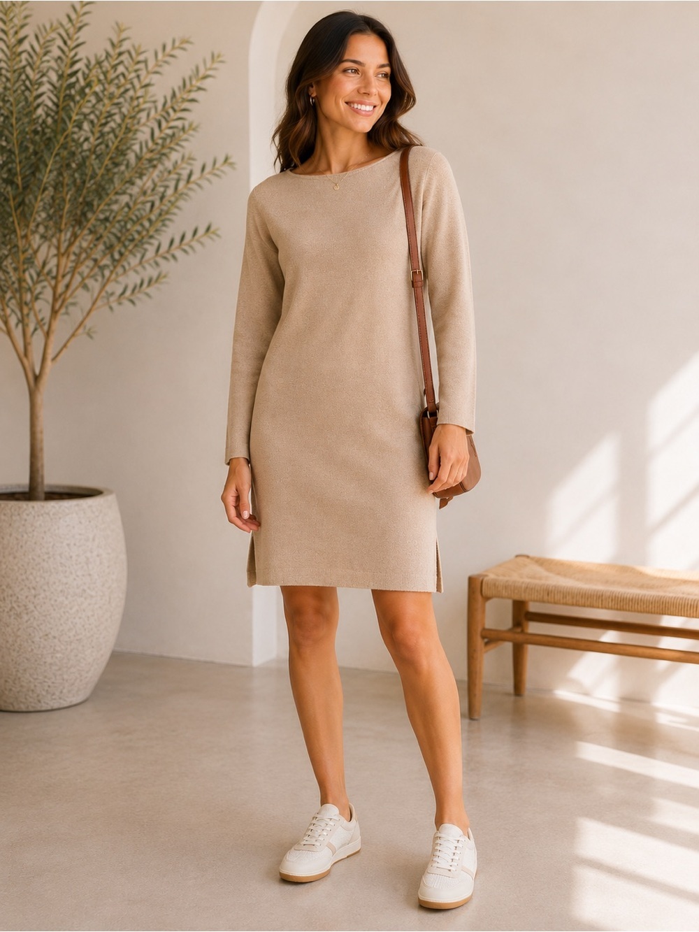 Max Studio • NWT $188 USD Long Wide Sleeve Knit Shift Dress Beige PTP 18-23